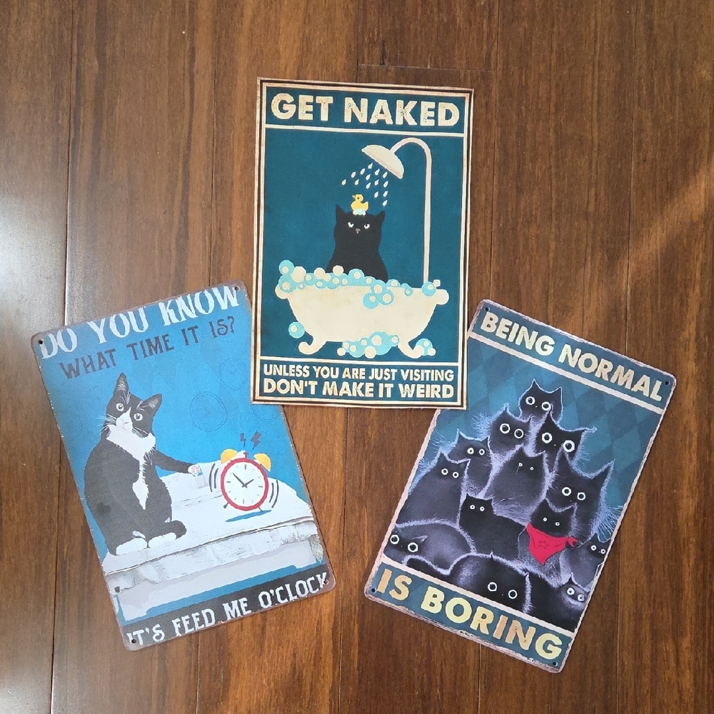 3 WALL VINTAGE STYLE METAL & CANVAS BLACK TUXEDO CATS SIGNS FUNNY QUOTES